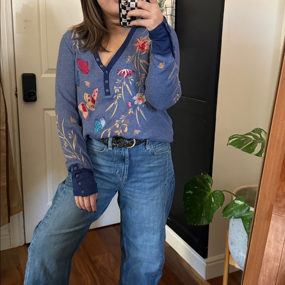 Johnny Was Blue Embroidered V-Neck Floral Butterfly Top - Picture 10 of 11